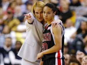 Head coach Brenda Frese of the Maryland Terrapins talks with Kristi Toliver early in their game against the Duke Blue Devils during the 2006 NCAA Women's Basketball Championship Game on April 4, 2006.
