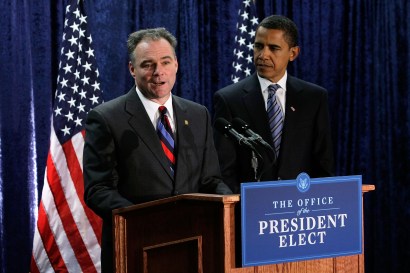 Virginia Gov. Timothy Kaine speaks as President-elect Barack Obama (R) looks on during a news conference at the headquarters of Democratic National Committee Jan. 8 in Washington, DC. Obama has named Virginia Gov. Timothy Kaine speaks as President-elect Barack Obama (R) looks on during a news conference at the headquarters of Democratic National Committee Jan. 8 in Washington, DC. Obama has named