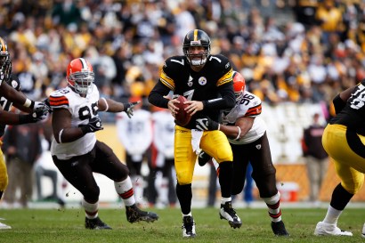 QB Ben Roethlisberger of the Pittsburgh Steelers tries to escape the grasp of David Bowens #96 of the Cleveland Browns. QB Ben Roethlisberger of the Pittsburgh Steelers tries to escape the grasp of David Bowens #96 of the Cleveland Browns.