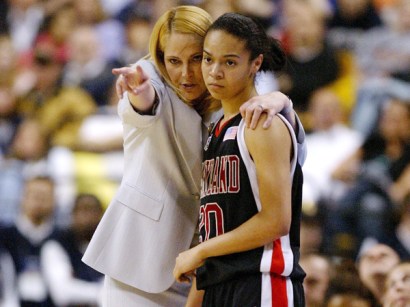 Head coach Brenda Frese of the Maryland Terrapins talks with Kristi Toliver early in their game against the Duke Blue Devils during the 2006 NCAA Women's Basketball Championship Game on April 4, 2006. Head coach Brenda Frese of the Maryland Terrapins talks with Kristi Toliver early in their game against the Duke Blue Devils during the 2006 NCAA Women's Basketball Championship Game on April 4, 2006.