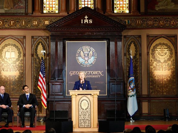 Hillary Clinton Hillary Clinton in Gaston Hall with Georgetown Senior Jasdeep Singh and Georgetown President John J. DeGioia