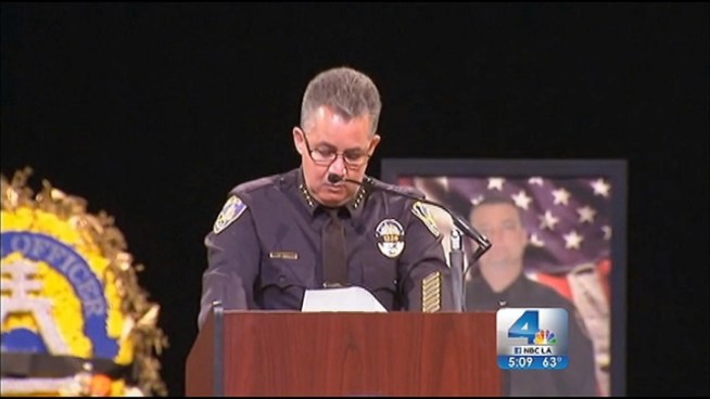 Thousands of mourners joined the family of Officer Michael Cain at Grove Community Church Wednesday for an emotional funeral service. Cain died after he was ambushed allegedly by Christopher Dorner on Feb. 7. Michelle Valles reports from Riverside for the NBC4 News at 5 p.m. on Feb. 13, 2013.