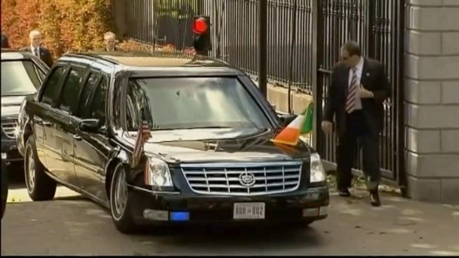 President Obama's spare limo gets stuck while leaving the U.S. Embassy in Dublin.