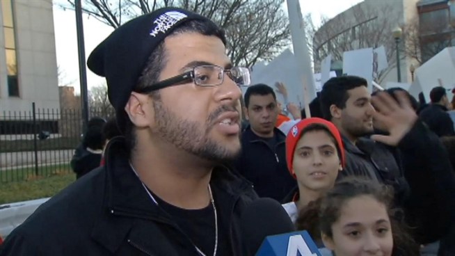 More than 100 protesters march from the White House to the Egyptian Embassy. Darcy Spencer spoke to them about why they are protesting President Morsi.