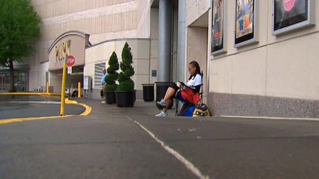 Mallory Dover is first in line -- and ready to wait overnight -- for Friday's Running of the Brides at Filene's Basement.