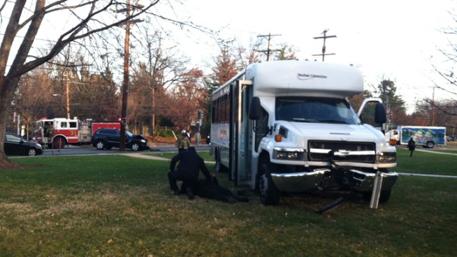 Five people were injured when a chartered school bus and two other vehicles collided on Nebraska Avenue NW Monday morning.