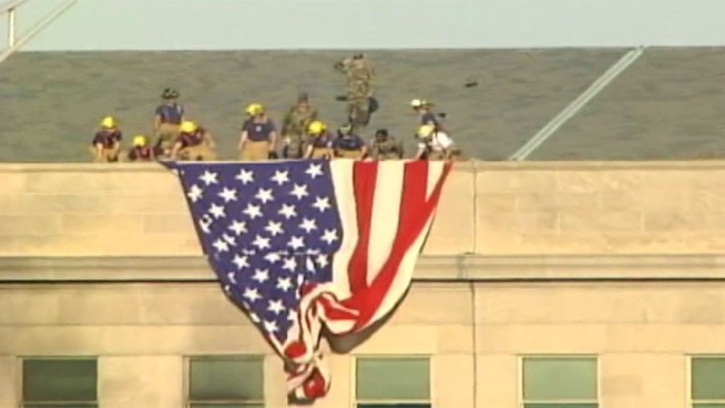 The group of Fairfax firefighters who unfurled the 38-foot-long American flag on the side of the Pentagon following the September 11 attacks remember the moment. Update: The flag is now at the U.S. Army Center of Military History at Fort McNair.