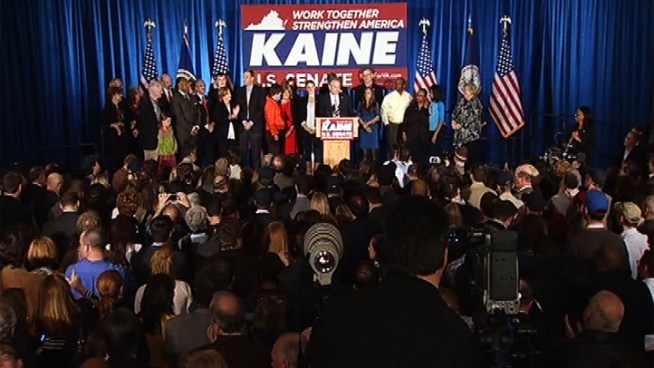 An exuberant Tim Kaine had barely begun his victory speech when he interrupted himself to announce that President Barack Obama had won re-election. Julie Carey reports from Richmond.