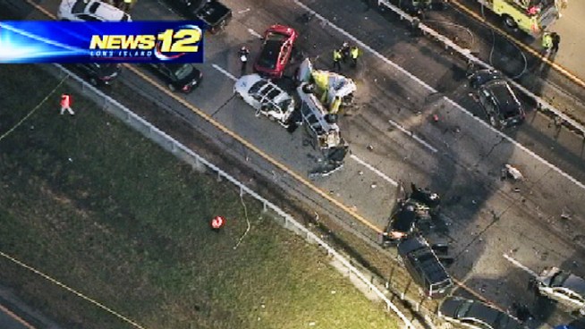 A serious accident near exit 68 of the Long Island Expressway had a portion of the expressway shut down in both directions Wednesday. This is raw aerial footage provided courtesy of News12 Long Island.
