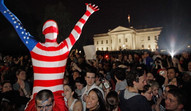 Crowds outside the White House cheer and sing after learning that Osama bin Laden was dead.