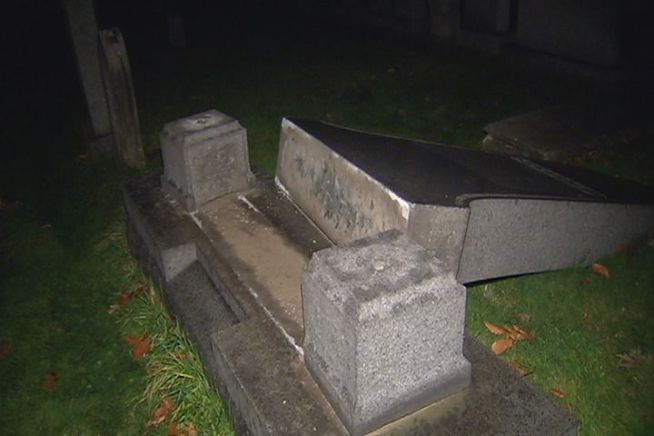 Hartford Police say they've arrested three teenagers accused of toppling more than 60 tombstones at a cemetery.