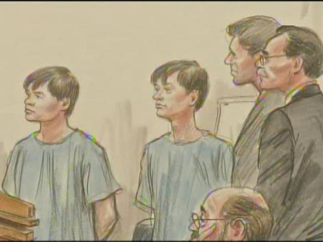 Two Georgetown students accused of operating a drug lab in a dorm are ordered released to the third-party custody of their fathers. Courtroom sketches courtesy of <a title=