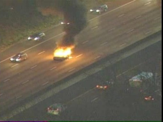A car fire on the Beltway's Outer Loop backs up traffic for miles.