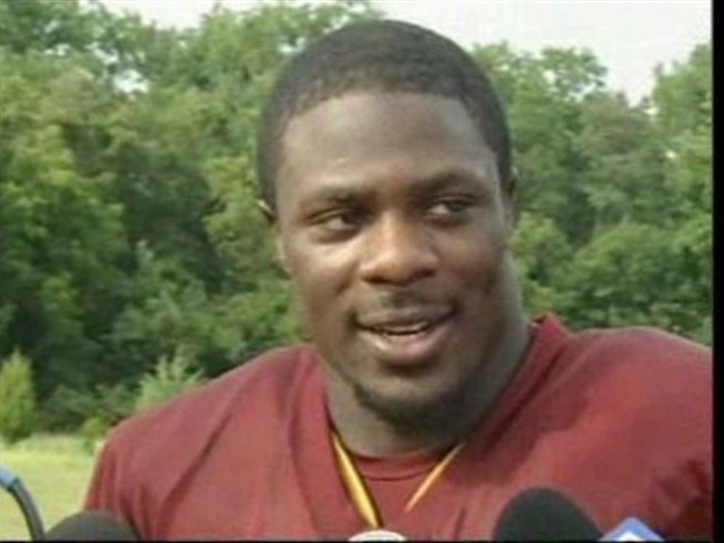 In what looked like a rediculously stagged event, to show the media the hazing involved in becoming a rookie Redskin, we see the lucky two get taped to a goal post.  We want to know when the real hazing begins.