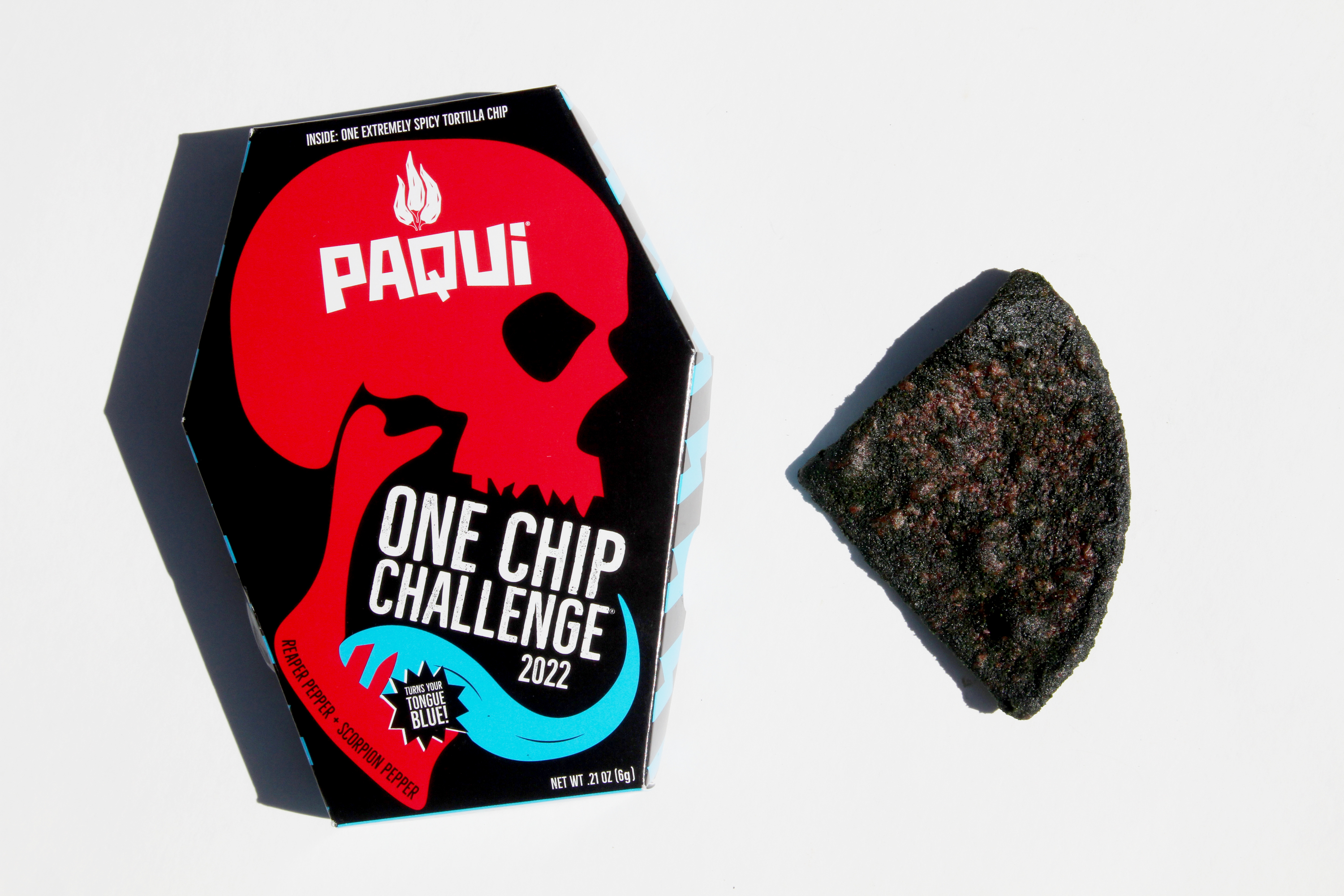 A 2022 photo of the chip from the One Chip Challenge and its packaging. A social media trend has caused some children to vomit and sweat profusely after participating in the challenge, prompting some principals in California to issue a warning last year.  