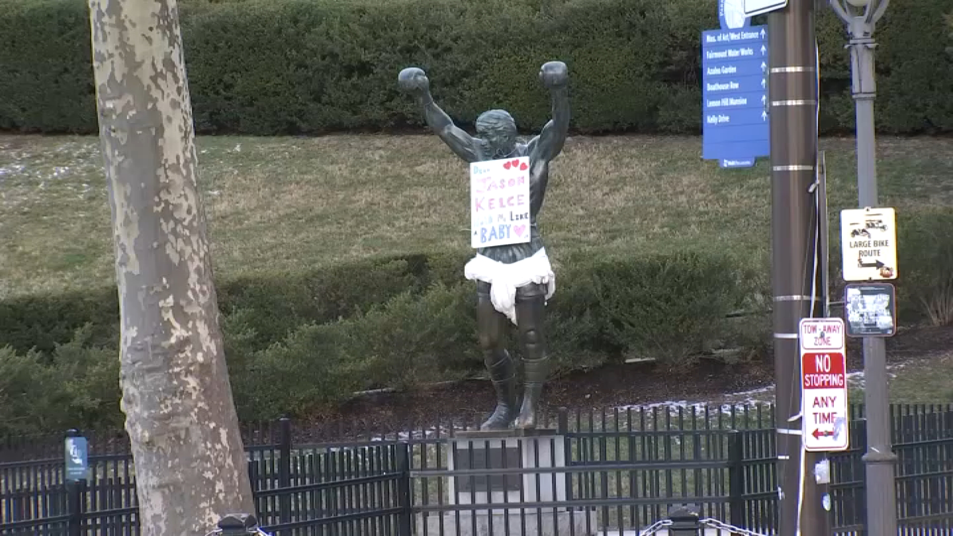 The Rocky statue at the Philadelphia Museum of Art decorated for Valentine's Day on Wednesday morning. 