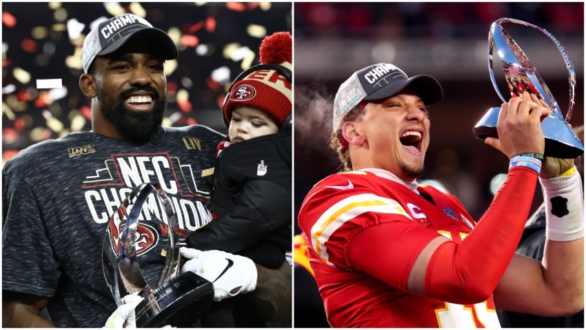 L: Raheem Mostert #31 of the San Francisco 49ers celebrates with the George Halas Trophy while holding his son, Gunnar, after winning the NFC Championship game against the Green Bay Packers at Levi’s Stadium on January 19, 2020 in Santa Clara, California. R: Patrick Mahomes #15 of the Kansas City Chiefs holds up the Lamar Hunt trophy after defeating the Tennessee Titans in the AFC Championship Game at Arrowhead Stadium on January 19, 2020 in Kansas City, Missouri.