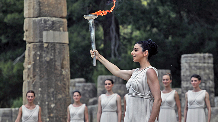 Olympic torch flame lighting Olympia Greece Temple of Hera relay London 2012