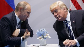 President Donald Trump meets with Russian President Vladimir Putin at the G20 Summit, Friday, July 7, 2017, in Hamburg.