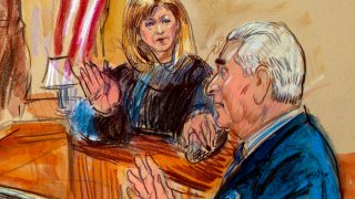This courtroom sketch shows former campaign adviser for President Donald Trump, Roger Stone talking from the witness stand as Judge Amy Berman Jackson listens during a court hearing at the U.S. District Courthouse in Washington, Thursday, Feb. 21, 2019. Berman Jackson issued a broad gag order forbidding Stone to discuss his criminal case with anyone and gave him a stinging reprimand over his posting of a photo of the judge with what appeared to be crosshairs of a gun. (Dana Verkouteren via AP)