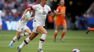 United States' Alex Morgan controls the ball during the Women's World Cup final soccer match between US and The Netherlands at the Stade de Lyon in Decines, outside Lyon, France, Sunday, July 7, 2019.
