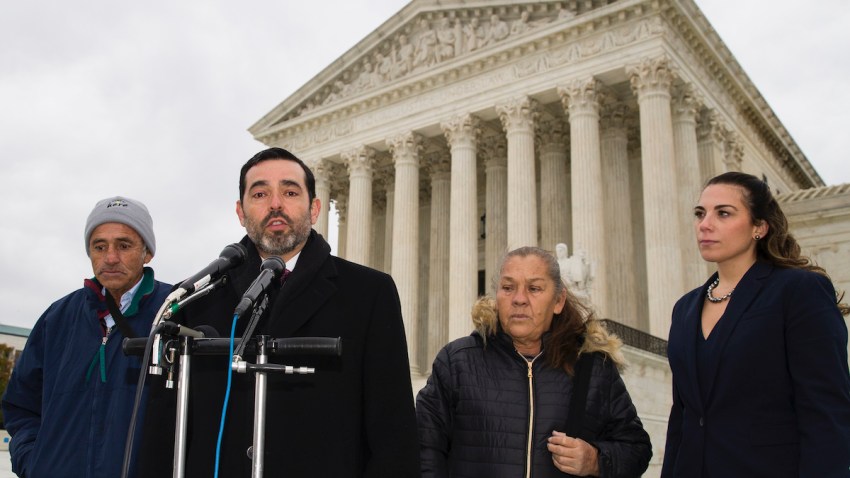 Attorney Cristobal Galindo, second from left, speaks accompanied by Jesus Hernandez, left, and Maria Guereca, and attorney Marion Reilly in front of the Supreme Court
