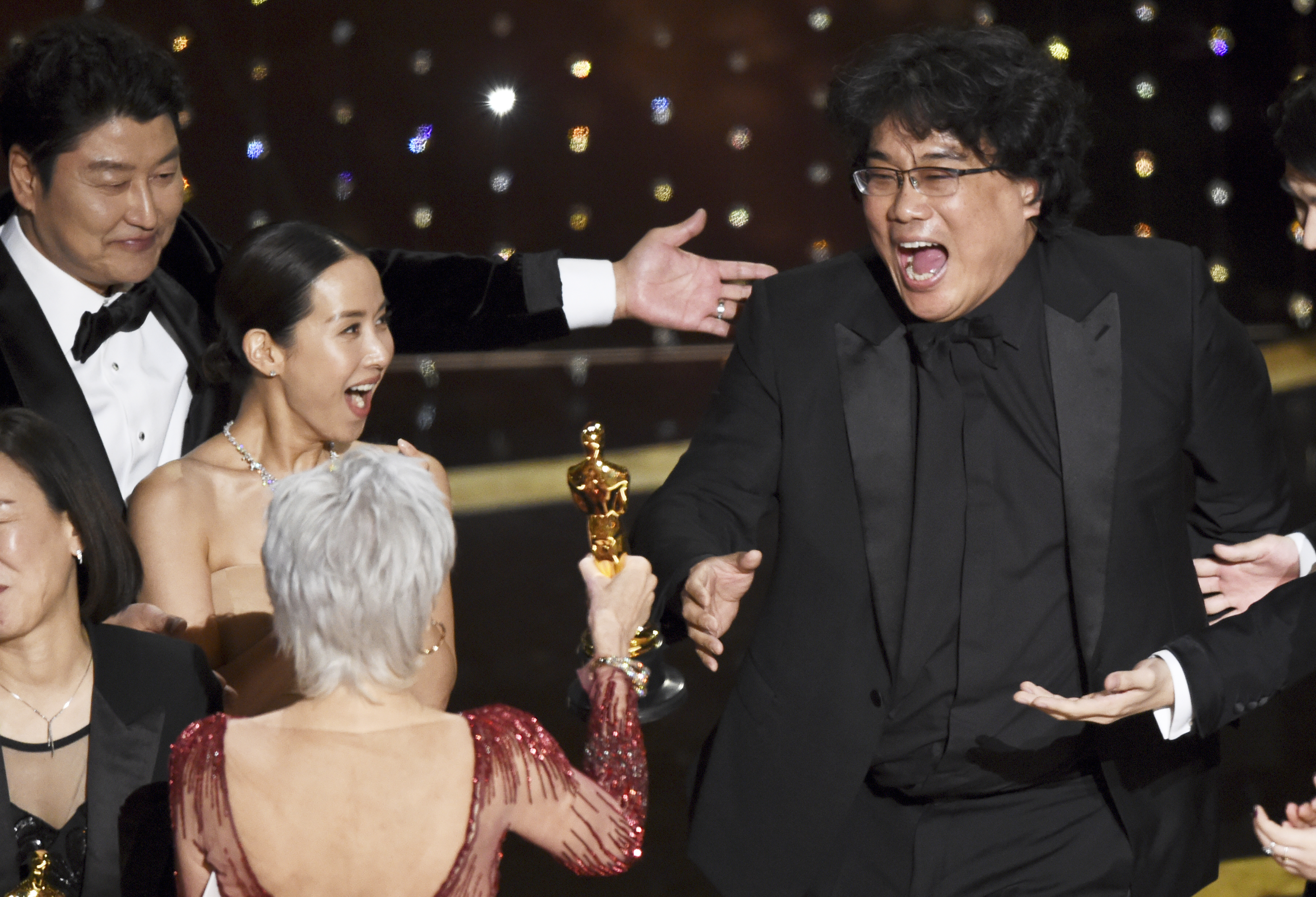 Bong Joon Ho and the cast of “Parasite” reacts as they receive the “Best Picture” Academy Award from presenter Jane Fonda on Feb. 9, 2020, at the Dolby Theater in Los Angeles. “Parasite” made Oscars history on Sunday when it became the first foreign language film to win the Oscars’ biggest category.