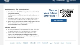 The homepage of the United States' Census 2020 website