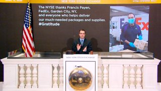 On behalf of The New York Stock Exchange, Robert Glorioso, Chief of Building Engineering Operations, rings The Opening Bell on Monday, April 13, 2020 in New York.