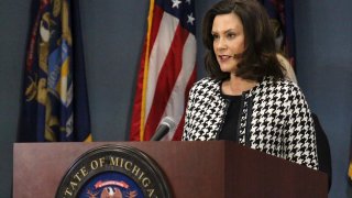 In this April 20, 2020, file photo, provided by the Michigan Office of the Governor, Michigan Gov. Gretchen Whitmer addresses the state in Lansing, Michigan.