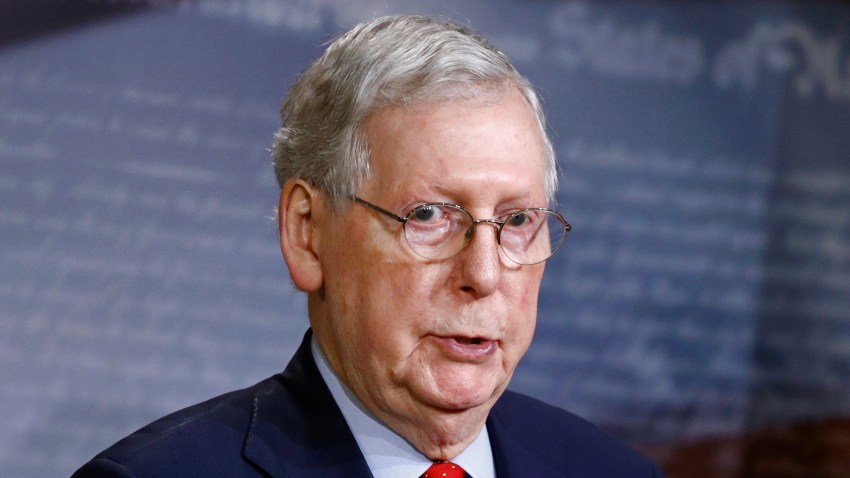Senate Majority Leader Mitch McConnell of Ky., speaks with reporters after the Senate approved a nearly $500 billion coronavirus aid bill, Tuesday, April 21, 2020, on Capitol Hill in Washington.