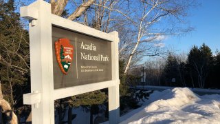 Acadia National Park sign winter