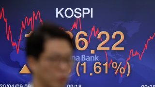 In this April 9, 2020, file photo, currency trader walks by the screen showing the Korea Composite Stock Price Index (KOSPI) at the foreign exchange dealing room in Seoul, South Korea.