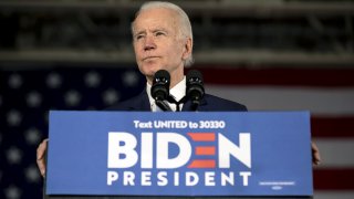 Former Vice President Joe Biden pauses during a primary-night rally