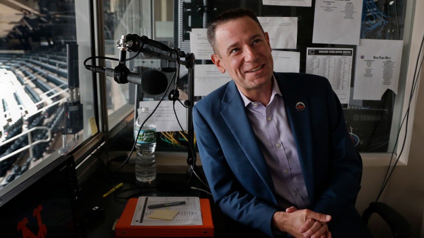 New York Mets public address announcer Colin Cosell answers questions during an interview, June 2, 2018, at Citi Field in New York.