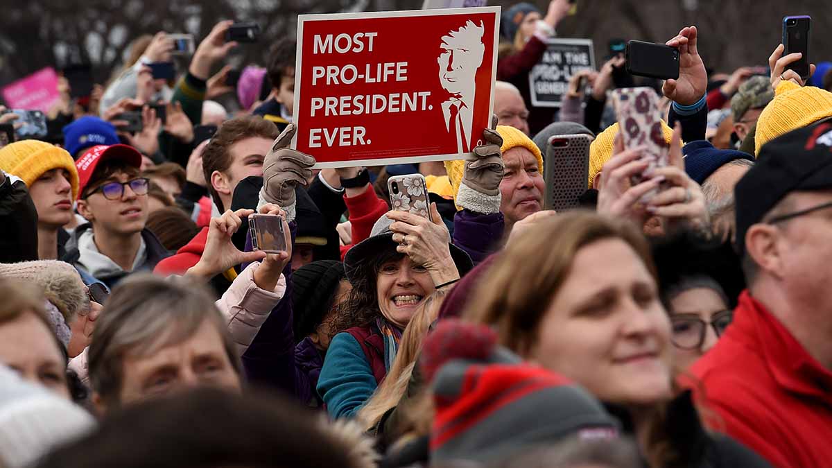 Pro-life demonstrators participate in the 47th annual “March for Life” in Washington, DC, on January 24, 2020. (Photo by OLIVIER DOULIERY / AFP) (Photo by OLIVIER DOULIERY/AFP via Getty Images)