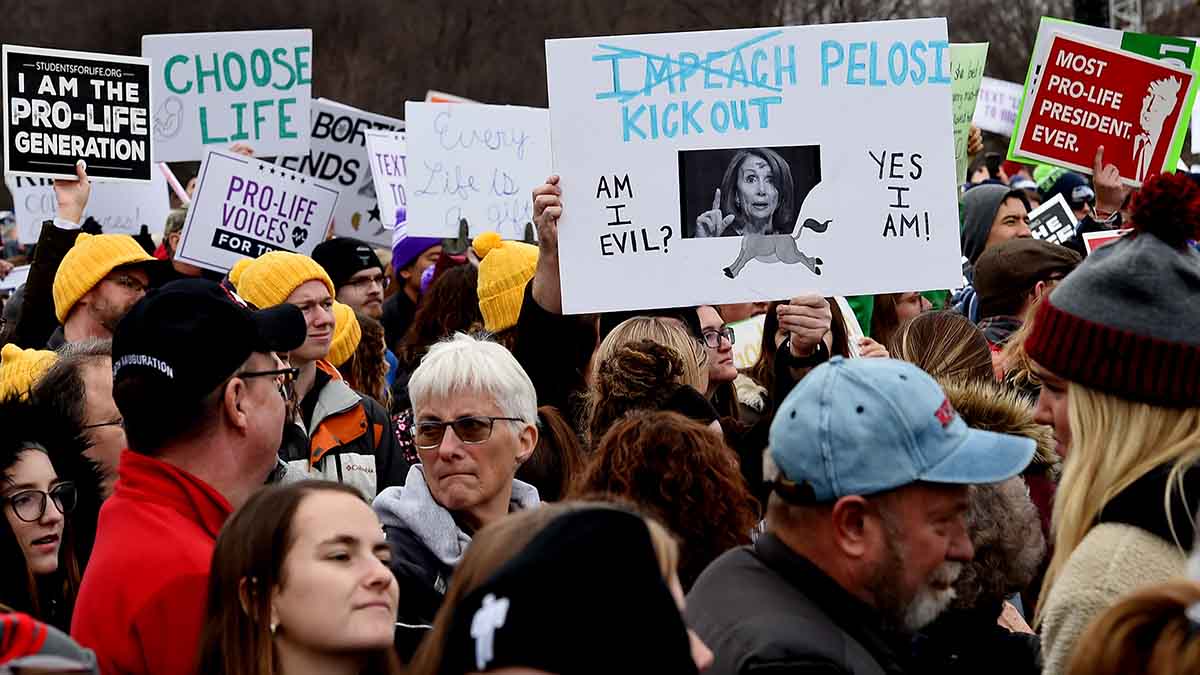 Pro-life demonstrators take part in the 47th annual “March for Life” in Washington, DC, on January 24, 2020. (Photo by OLIVIER DOULIERY / AFP) (Photo by OLIVIER DOULIERY/AFP via Getty Images)