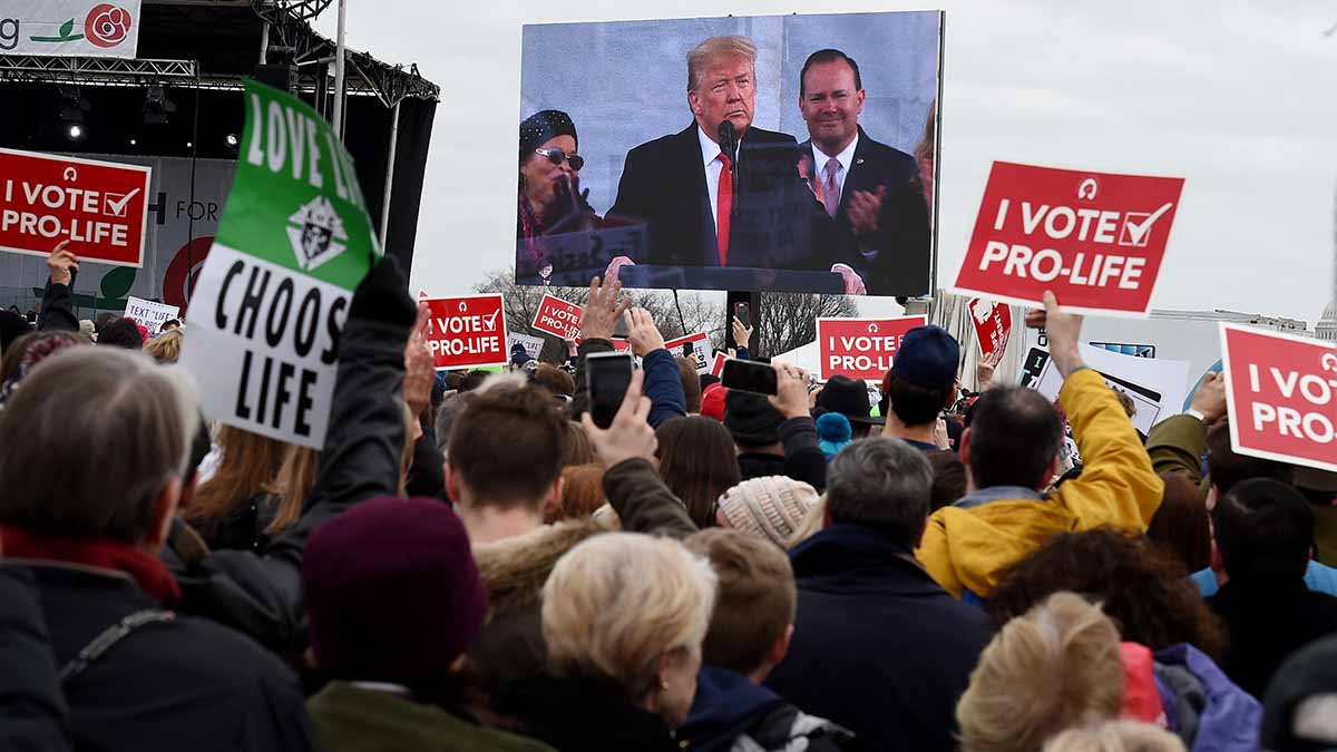 Pro-life demonstrators listen to US President Donald Trump as he speaks at the 47th annual “March for Life” in Washington, DC, on January 24, 2020. – Trump is the first US president to address in person the country’s biggest annual gathering of anti-abortion campaigners. (Photo by OLIVIER DOULIERY / AFP) (Photo by OLIVIER DOULIERY/AFP via Getty Images)