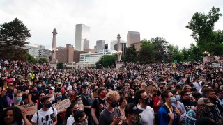 Thousands of demonstrators gather at Civic Center Park in Denver, Colorado, on June 3, 2020, while protesting the death of George Floyd, an unarmed black man who died while being arrested and pinned to the ground by a Minneapolis police officer.