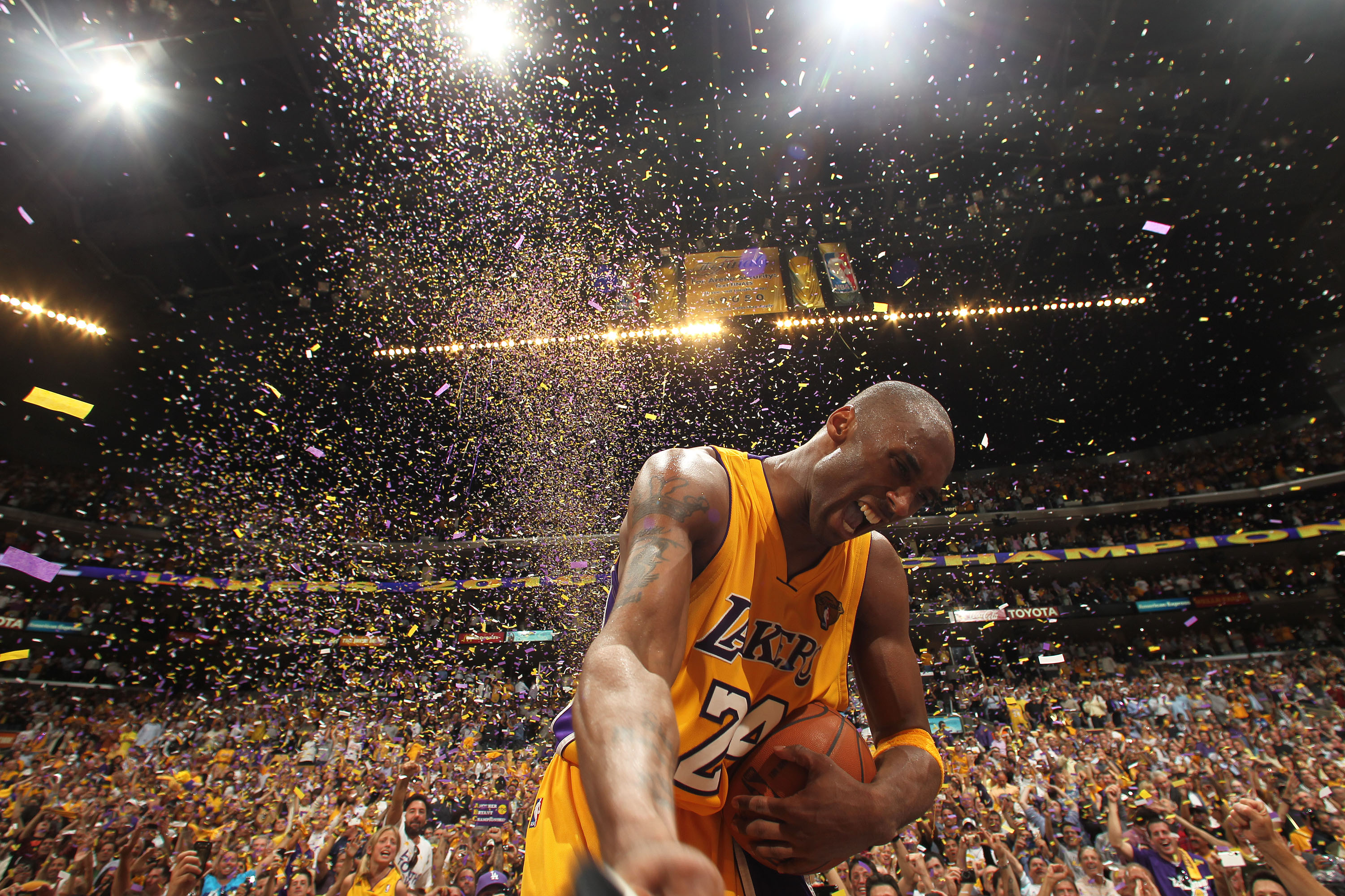 Kobe Bryant #24 of the Los Angeles Lakers celebrates after winning over the Boston Celtics in Game Seven of the 2010 NBA Finals on June 17, 2010 at Staples Center in Los Angeles, California.