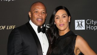 Rapper / Music Producer Dr. Dre (L) and his Wife Nicole Young (R) attend the City Of Hope Gala on October 11, 2018 in Los Angeles, California.