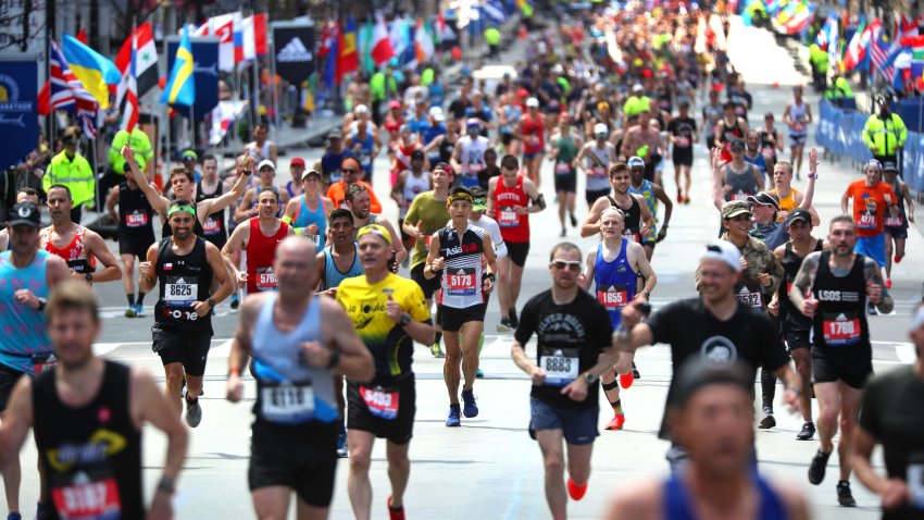 BOSTON, MA – APRIL 15: Runners head to the finish line on Boylston Street in Boston during the 123rd Boston Marathon on April 15, 2019. (Photo by John Tlumacki/The Boston Globe via Getty Images)