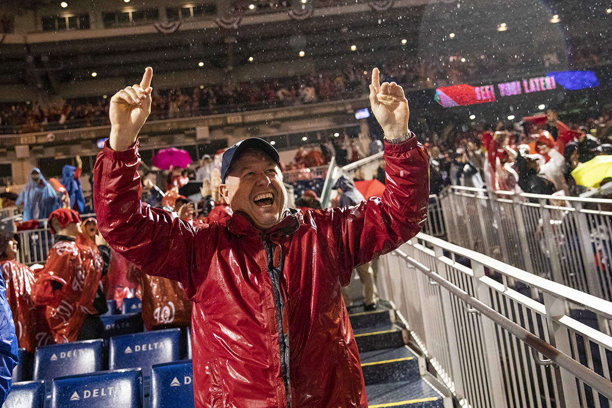 Nationals fans react to the home run that gave the Washington Nationals the lead in Game 7 of the World Series at an official watch party at Nationals Park on October 30, 2019 in Washington, D.C. (Photo by Samuel Corum/Getty Images)