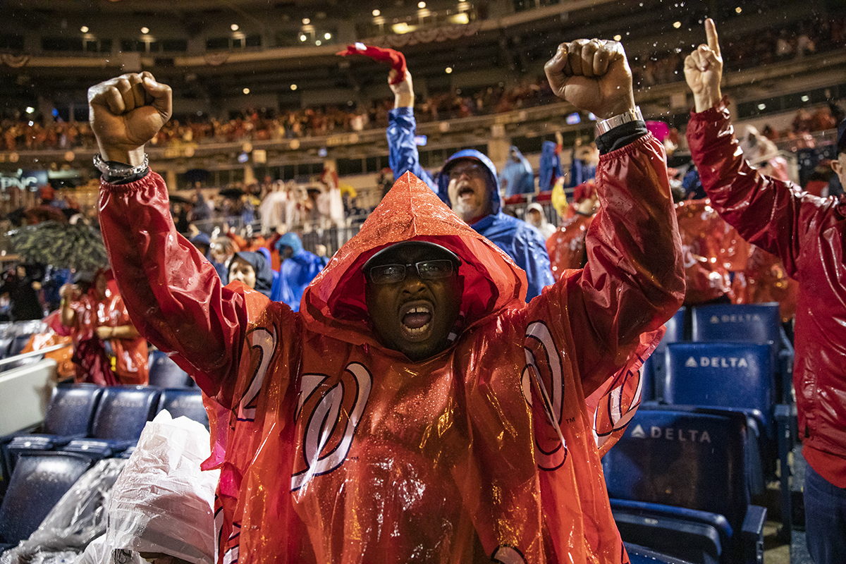 Nationals fans react to the home run that gave the Washington Nationals the lead in Game 7 of the World Series at an official watch party at Nationals Park on October 30, 2019 in Washington, D.C.(Photo by Samuel Corum/Getty Images)