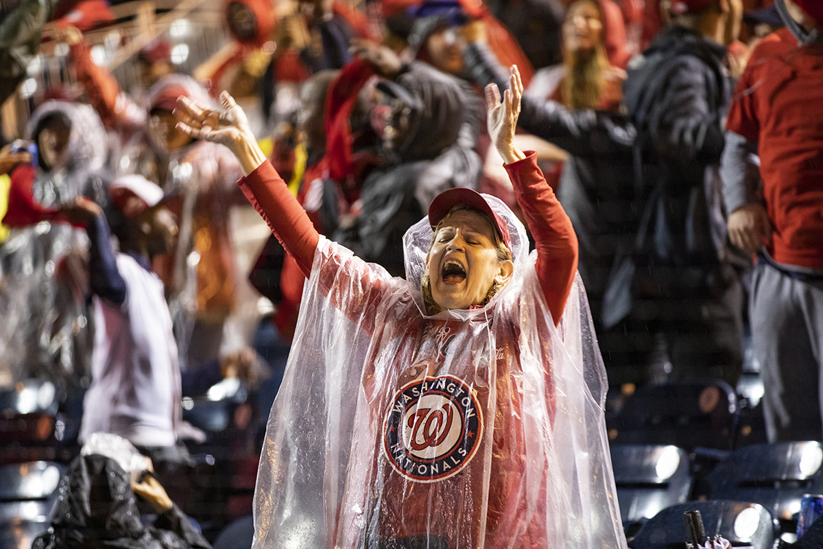 Nationals fans react to the home run that gave the Washington Nationals the lead in Game 7 of the World Series at an official watch party at Nationals Park on October 30, 2019 in Washington, D.C.(Photo by Samuel Corum/Getty Images)