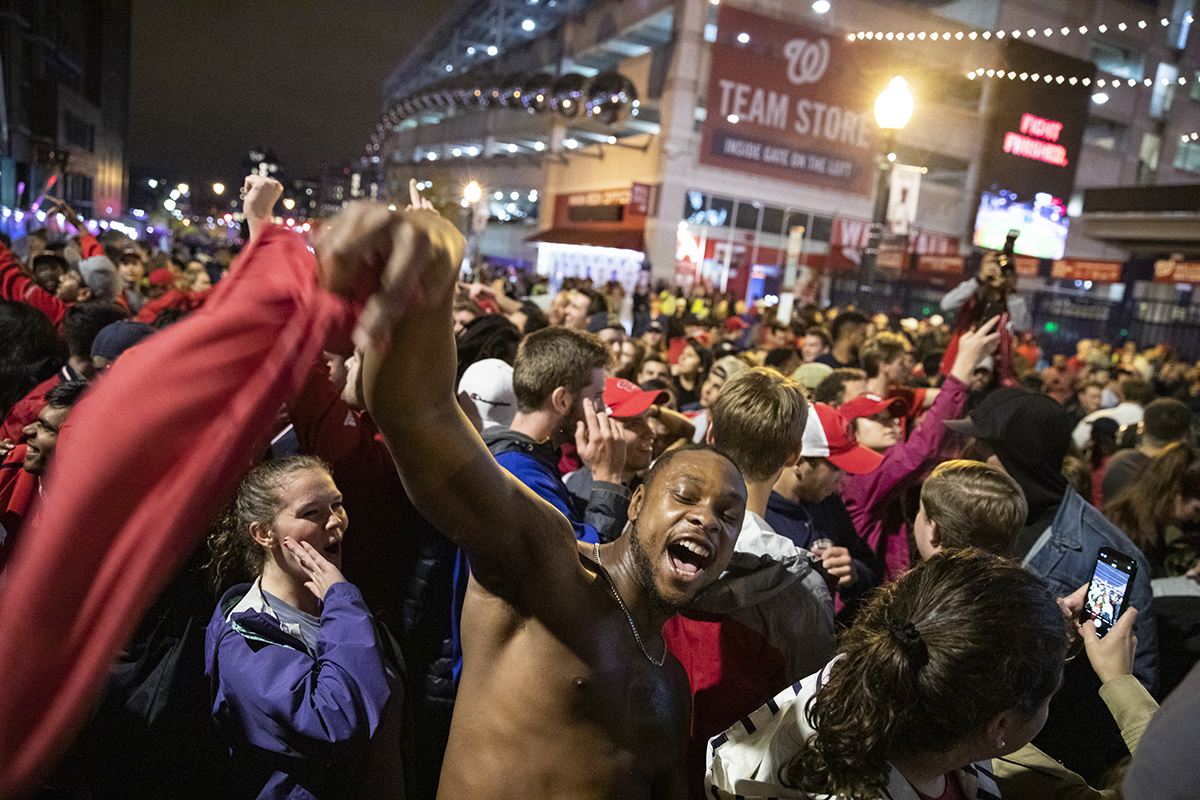 Nationals stream into the streets outside of Nats Park, celebrating the team's World Series victory. The Washington Nationals defeated the Houston Astros 6-2 in Game 7 of the World Series, winning the first World Series Championship in franchise history and the first to Washington, DC since 1924. (Photo by Samuel Corum/Getty Images)