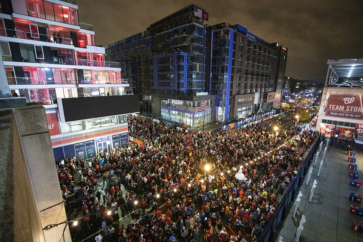 Nationals fans stream into the streets outside Nats Park, celebrating the team's World Series victory over the Houston Astros, 6-2, in Game 7. (Photo by Samuel Corum/Getty Images)
