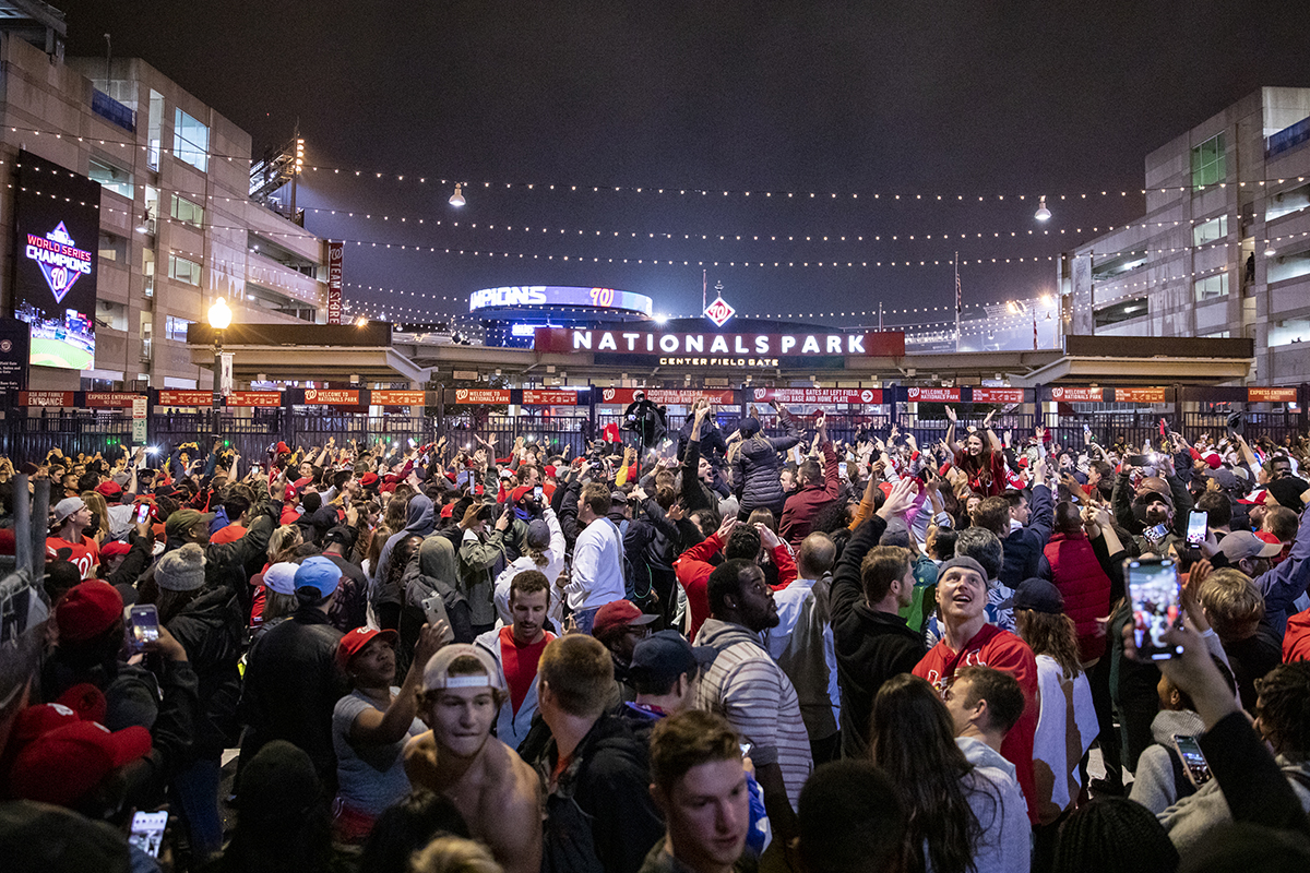 Nationals fans stream into the streets outside Nats Park, celebrating the team's World Series victory. (Photo by Samuel Corum/Getty Images)