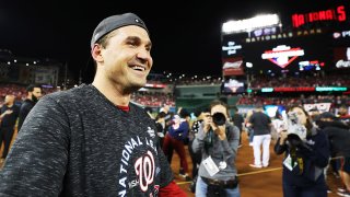 WASHINGTON, DC – OCTOBER 15: Ryan Zimmerman #11 of the Washington Nationals celebrates winning game four and the National League Championship Series against the St. Louis Cardinals at Nationals Park on October 15, 2019 in Washington, DC. (Photo by Patrick Smith/Getty Images)