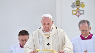 In this file photo, Pope Francis holds a Holy Mass at a baseball stadium in Nagasaki on November 24, 2019.